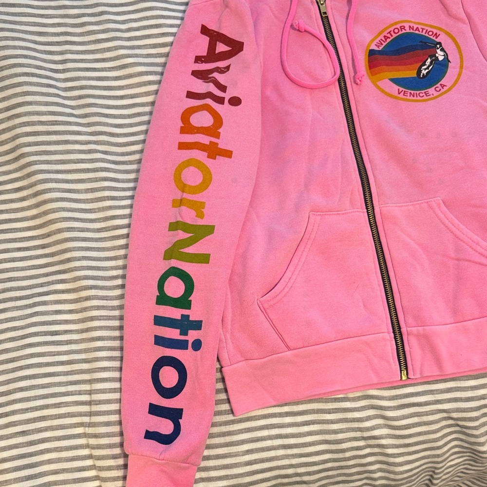 Aviator Nation Pink Zip Hoodie with Rainbow Logo - Picture 2 of 9